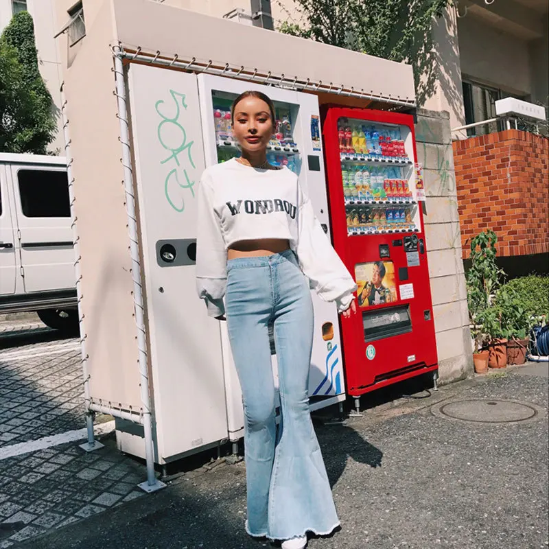 Сексуальные джинсы с высокой талией брюки большими колокольчиками 2019 Осенние