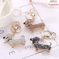 50pcs rhinestone crystal dog dachshund keychain bag charm pendant key chain holder key ring jewelry for women girl gift supplied