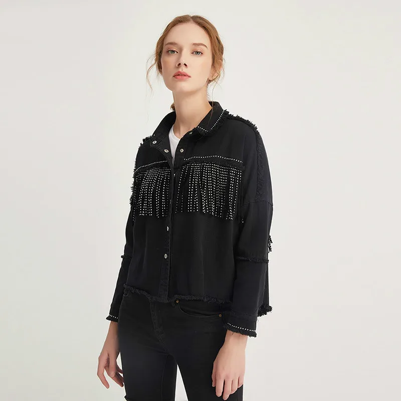 

KPYTOMOA Women Fashion Tassel Beaded Oversized Denim Jacket Coat Women Vintage Long Sleeve Frayed Hem Female Outerwear Chic Tops