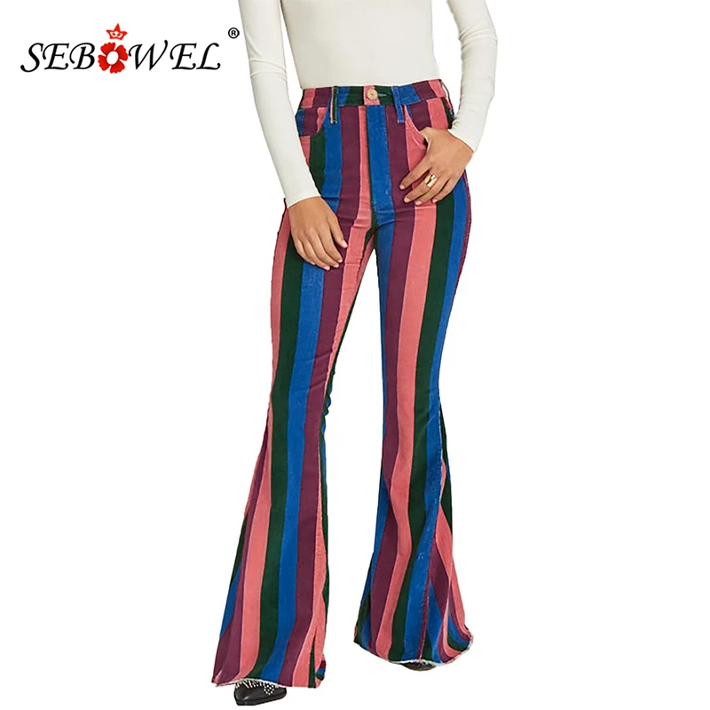 SEBOWEL 2020 Модные Цветные расклешенные джинсы в полоску на молнии женские