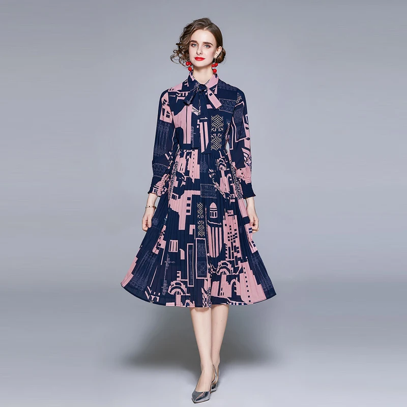 

2021 Newest Runway Designer Summer Girl Dress Women's Short Sleeve Shirt Collar Pleated Printed Bow Party Midi Pleated Dress