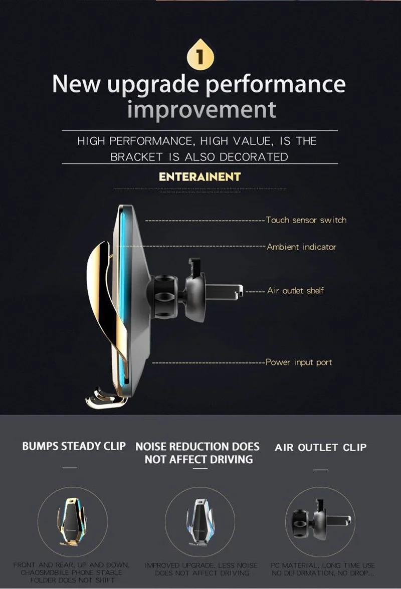 fashion 10w car qi wireless charger for iphone xs x 8 with ambient flowable led light car phone holder for samsung s9 s10 huawei free global shipping