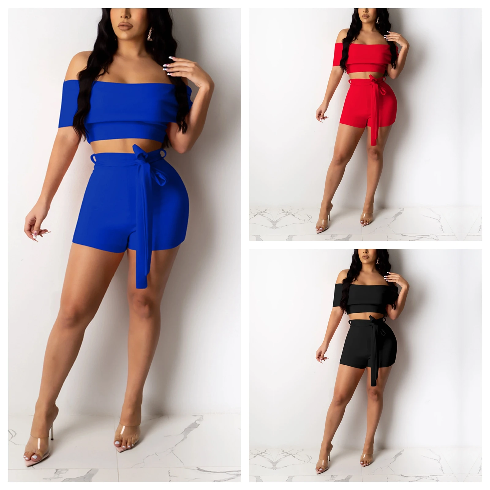 

Womens Short Sleeve and Shorts Suit Fashion Solid Color Off-shoulder Cropped Tops and Bandage Tight Shorts