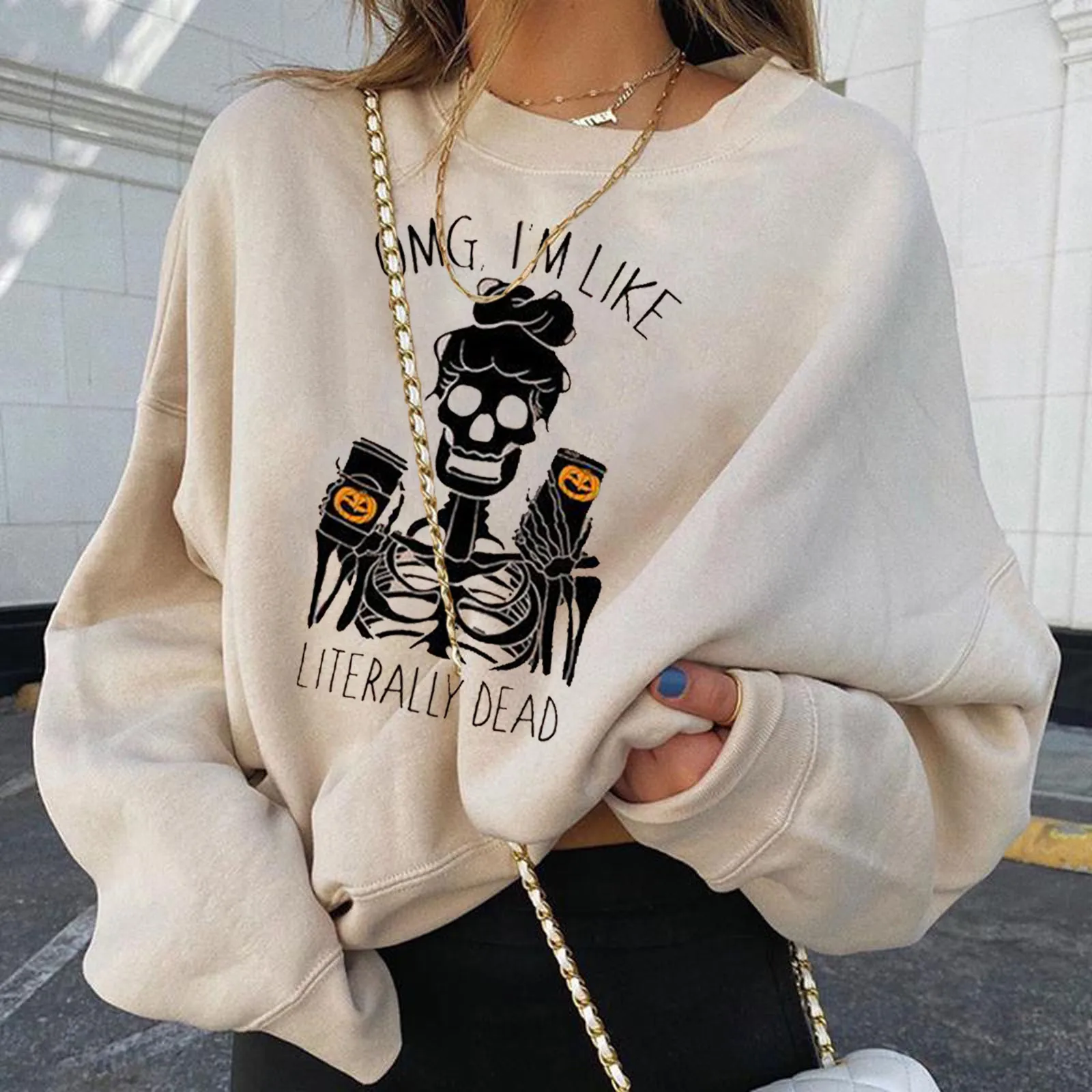 

Halloween Women Funny Skull Pumpkin Coffee Long Sleeve Pullover Sweatshirt Top Autumn Winter Long Sleeve Sweatshirts 2021 New
