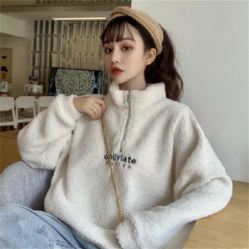 

Women's Round Neck Zipper Embroidery Sweatshirt Thicker Loose Casual Pullovers
