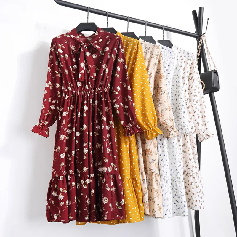 Шифоновое платье в горошек с длинным рукавом средней длины|Женские платья| |