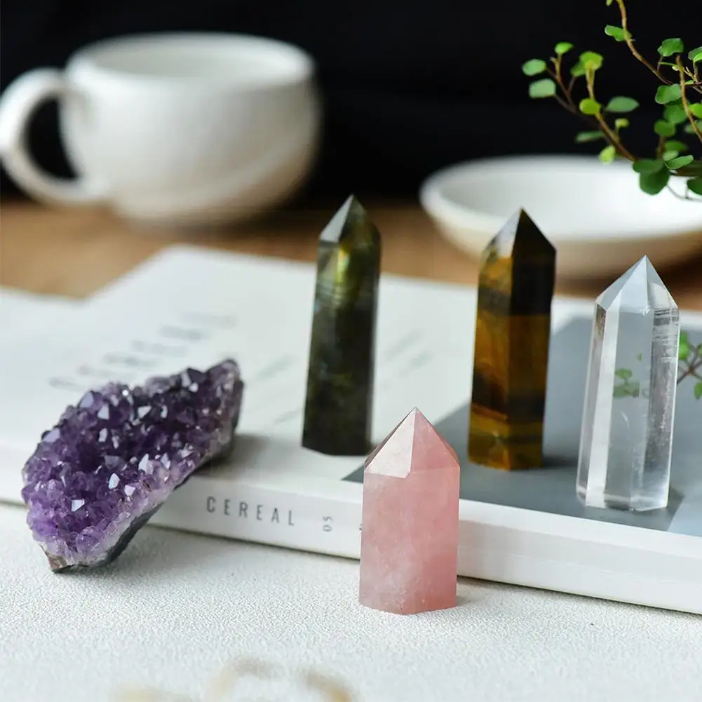 

1set Natural Manual Rose Quartz Hexagonal Column Amethyst Mineral Cluster Healing Wand Point Home Stone Decoration Crystal V4U0