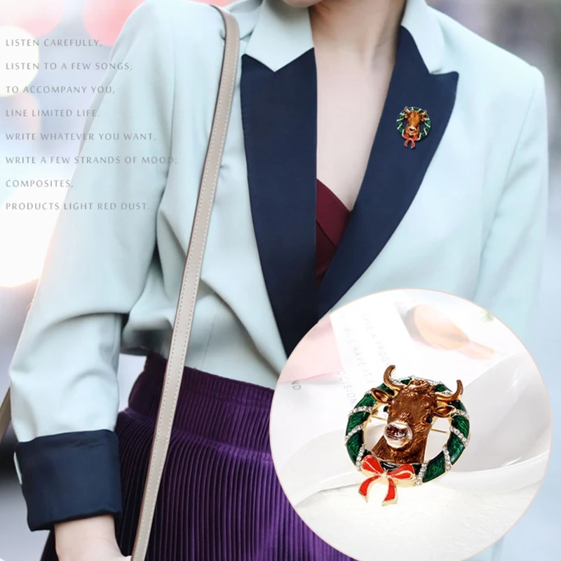 Стразы Брошь булавка Рождественский олень Голова Оленя ретро одежда