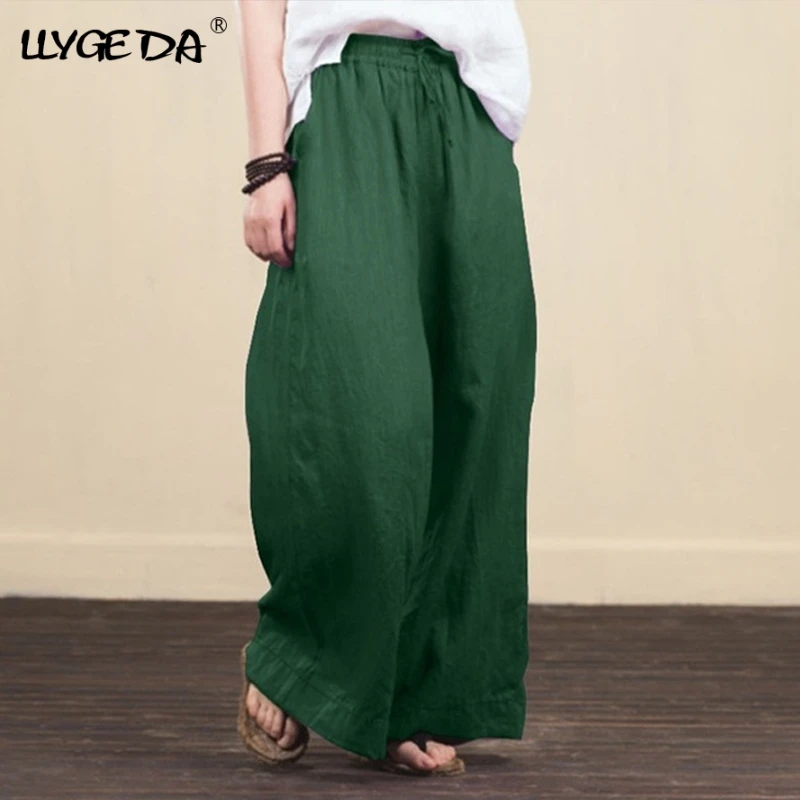 

Cotton Linen Wide Leg Pants For Women High Waist Solid Drawstring Loose Women's Pants 2021 Summer Casual Trousers For Female