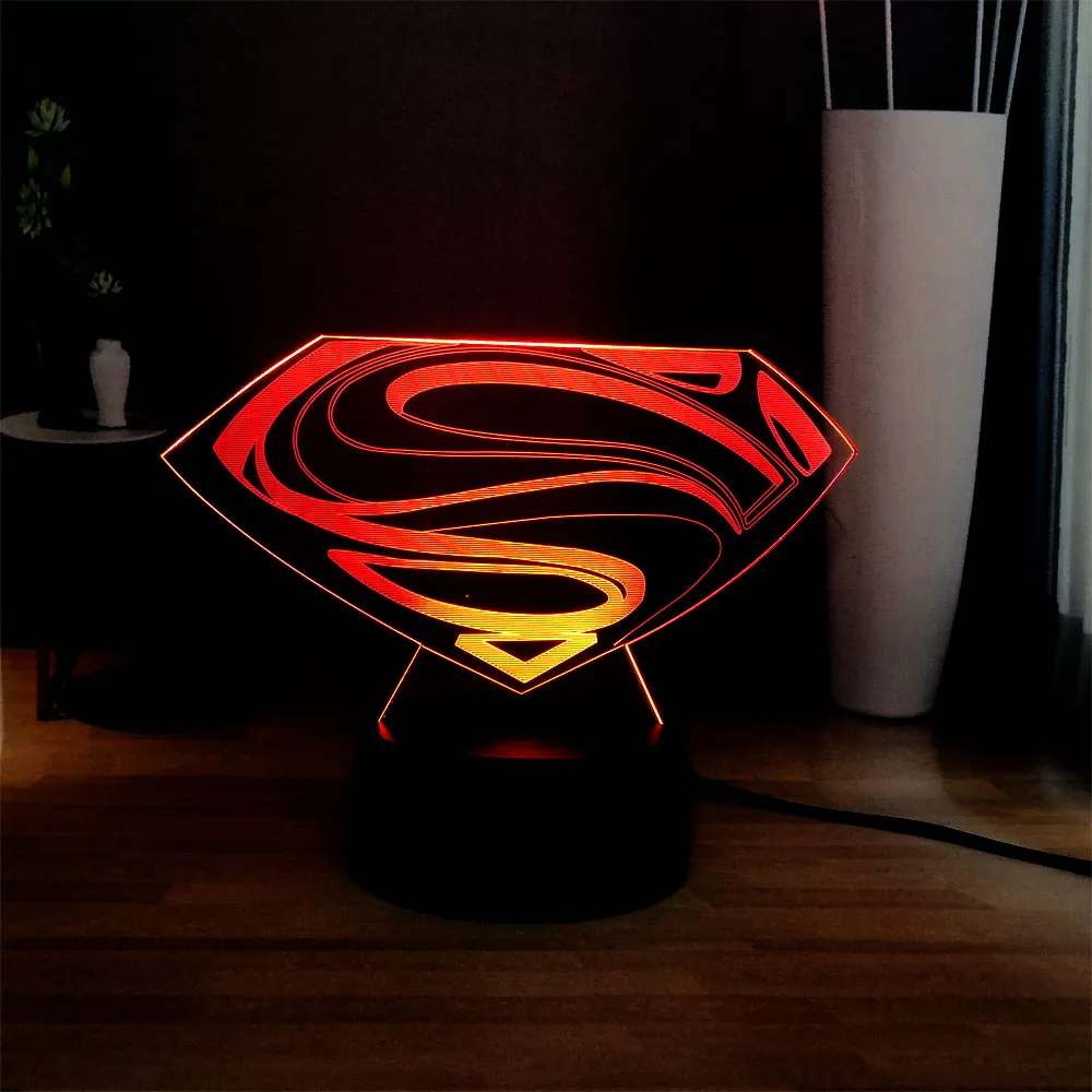 Светодиодный Ночной светильник с логотипом Супермена, символ Marvel, RGB, многоцветная USB, мини-Сенсорная 3D визуальная настольная лампа, вентиляторы фильмов, Подарочная игрушка