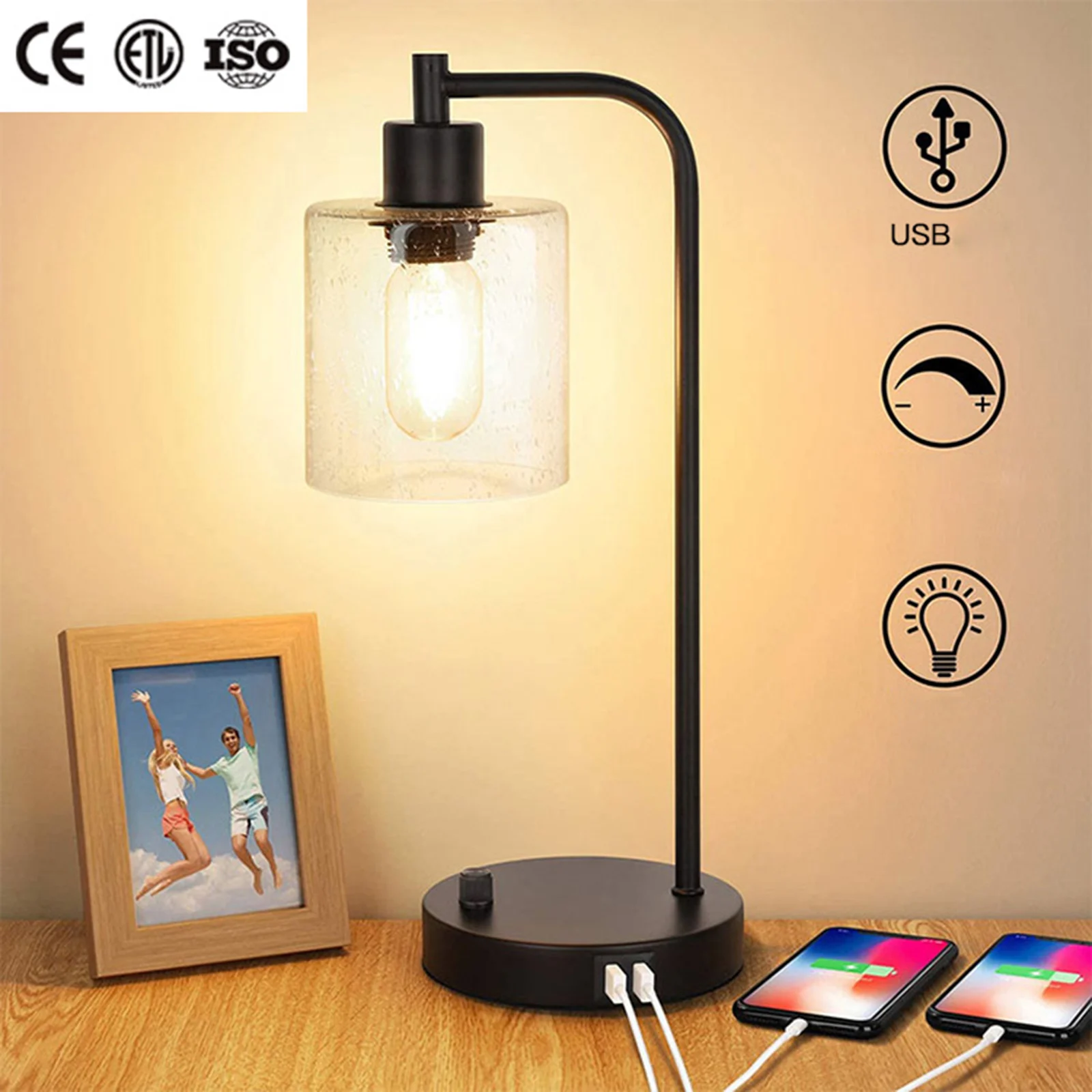 

Industrial Style Vintage Bedroom Desk Table Lamp Light With Bulb, EU Plug