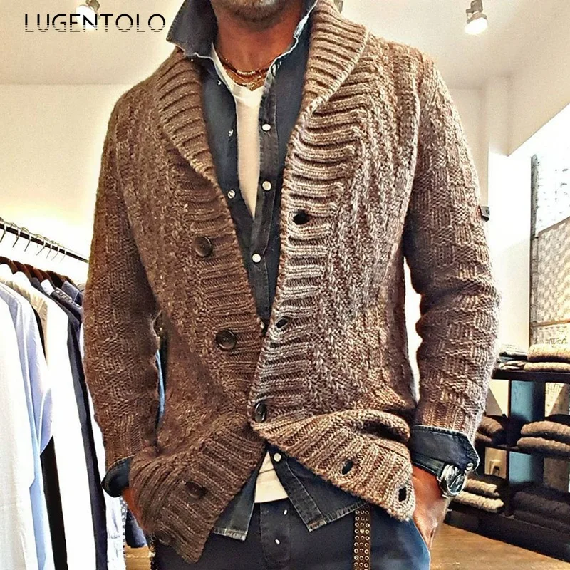 

Lapel Sweater Men Winter Single-breasted Solid Autumn Cardigan Long Sleeve Large Size Fashion Youth Knitted Sweaters Lugentolo