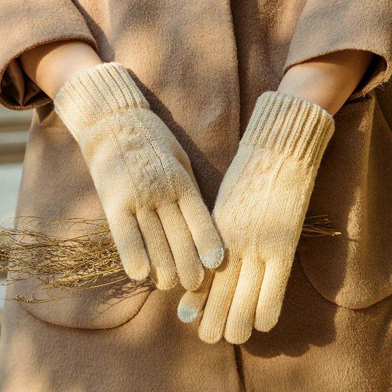 Women Winter Knitting Touch Screen Gloves Crochet Thicken Warm Driving Mittens Solid Color Soft Full Finger |