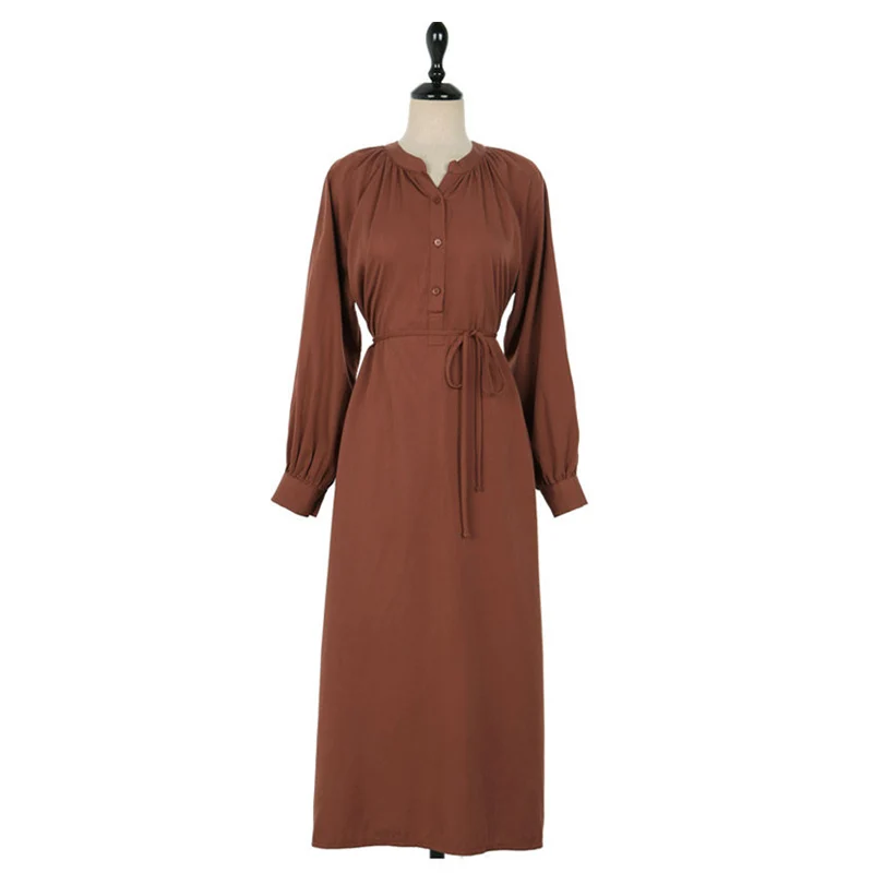 

BornSraElegant V-neck Women Shirt Dress Lace Up Lantern Sleeve Female Long Dress Korean Style Autumn Loose Vestidos femme 2020