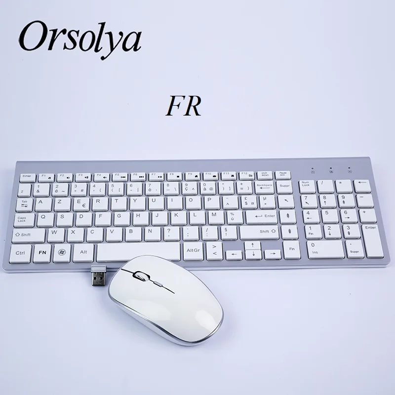 Silver-FR 2,4G Беспроводная клавиатура и мышь Combo Orsolya Compact полноразмерная клавиатура и 2400 точек/дюйм оптическая мышь с низким уровнем шума, английский, испанский, немецкий, японский, французский, серебристый и белый - Цвет: Silver-FR