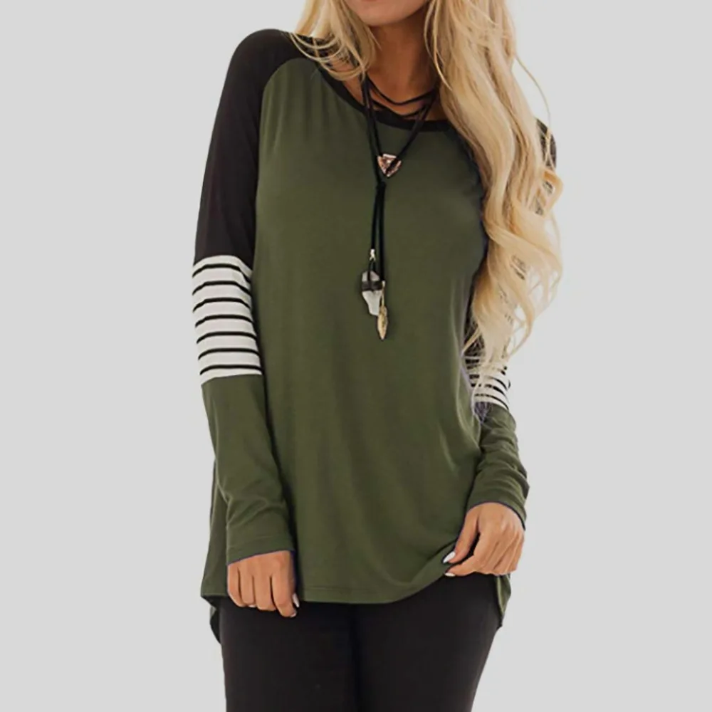 

Fashion Women Summer Long Sleeve Patchwork Shirt Ladies Round Neck Loose Casual Solid Tee Shirts Tops