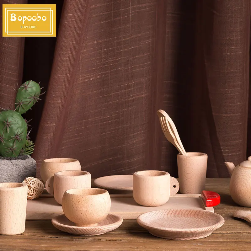 Baby Toy Cutting Fruit Vegetables Wooden Kitchen Toys Pretend Play Mini Solid Beech Tea Coffee Cup Set Early Education Food Toys