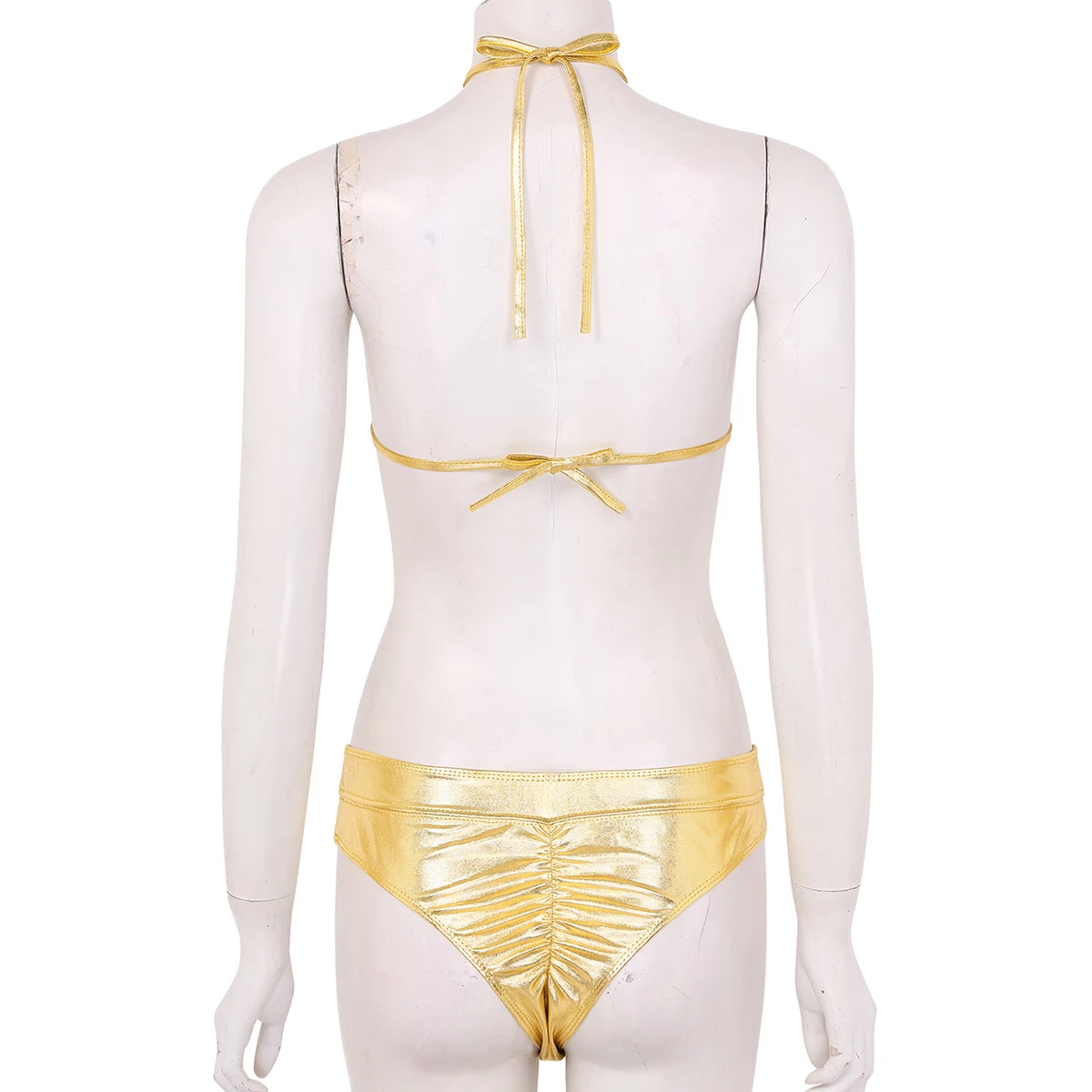 Women Sexy Shiny Metallic Swimsuit 2 Piece Triangle Bikini Set Halter Neck Top with Mid-rise Thongs Swimwear Bathing Suit |