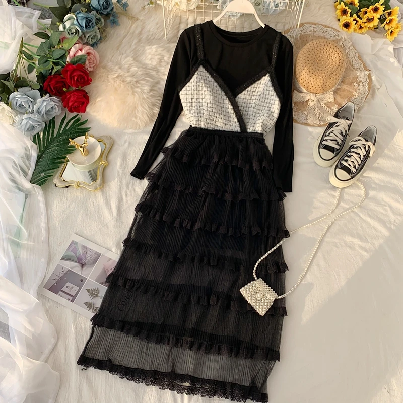 Осеннее женское городское платье до колена с длинным рукавом и каскадной сеткой