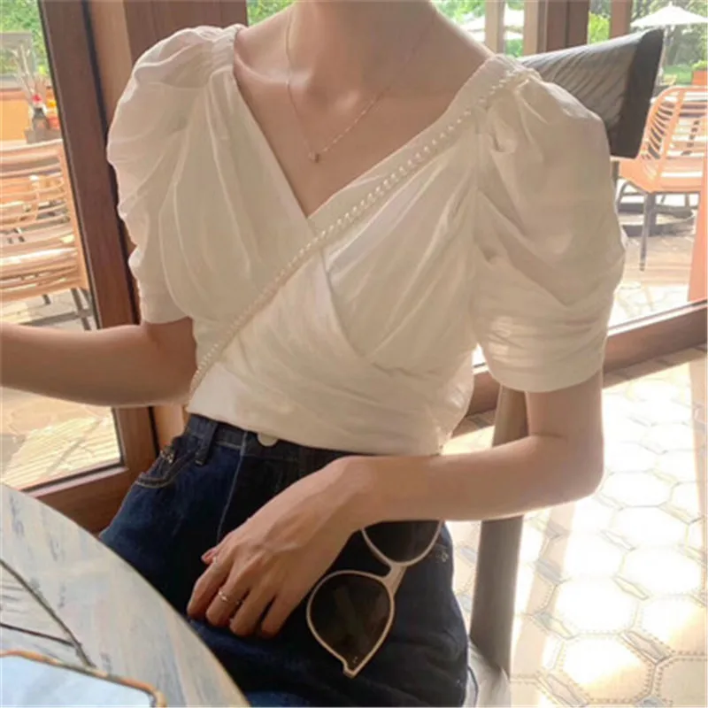 

HziriP All-Match Minimalist Puff Sleeve V-Neck Summer New Short Straps Chic Fashion Elegant Gentle Short-Sleeved Women Shirt
