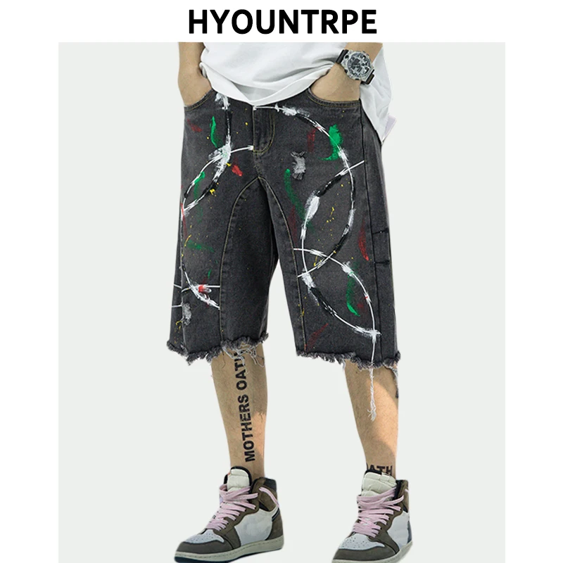 

Mens Fashion Graffiti Printed Denim Jeans Shorts New Casual Bottom Destroyed Zipper Jean Shorts Hip Hop Streetwear Short Joggers