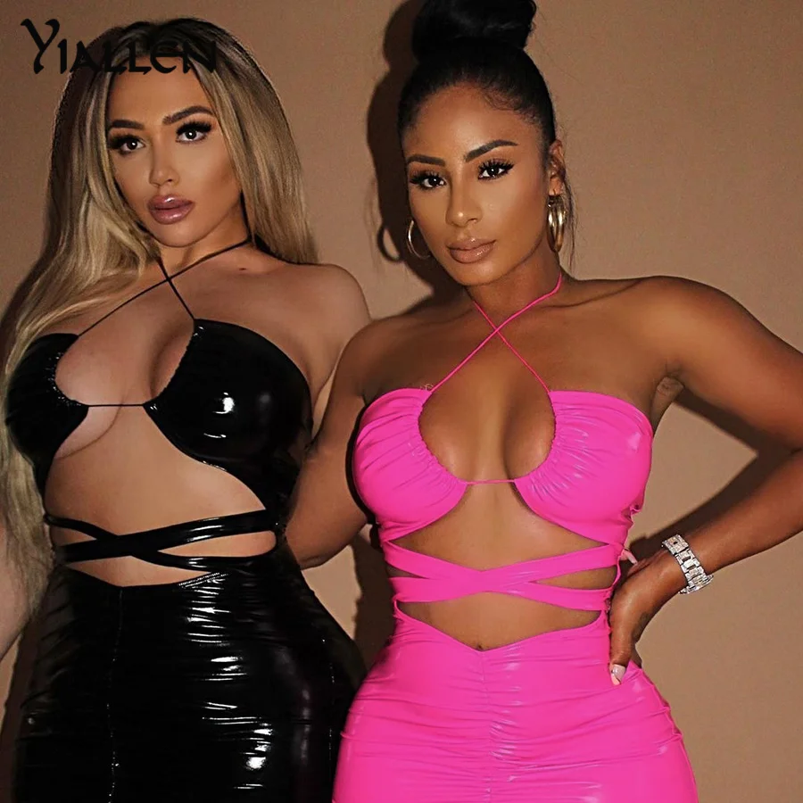 

Yiallen Summer Solid PU Leather Sexy Hollow Out Dress New Women Slim Halter Sleeveless Street Party Lady Mini Bodycon Dresses