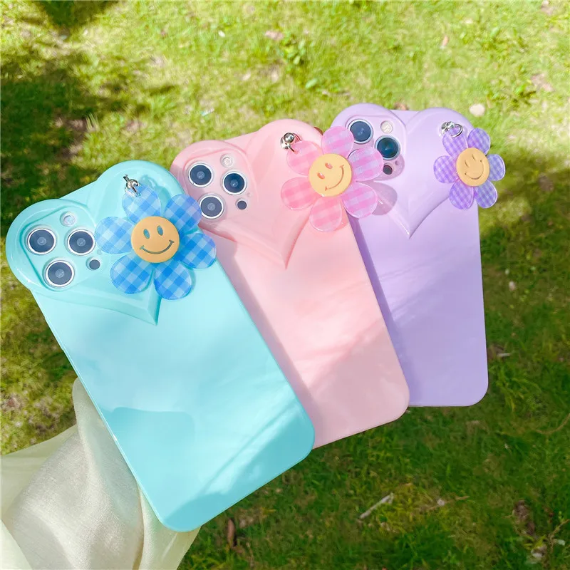 

Korean popular Love heart Lens Case For iphone 12 Mini 11 Pro Max SE20 7 8 plus XR XS MAX X cute phone cover + sunflower pendant