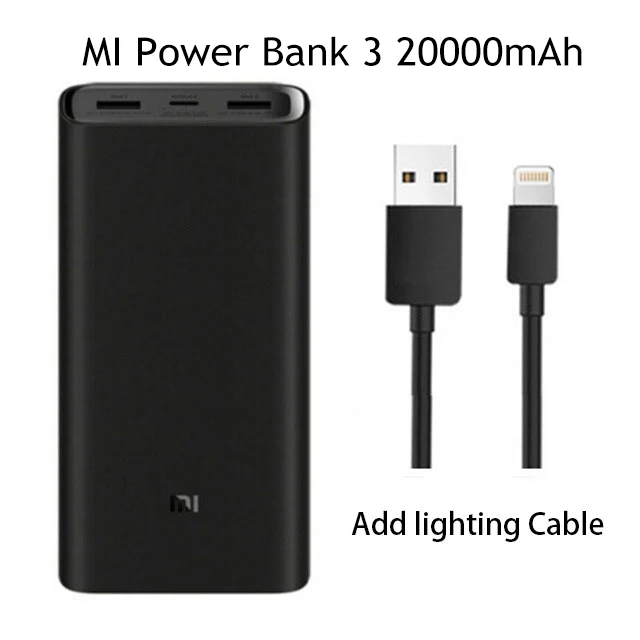 3 add Lighting cable Xiaomi mi внешний аккумулятор, 3 порта 20000 мА/ч, быстрое зарядное устройство, внешний аккумулятор Xiao mi, 20000 мА/ч, внешний аккумулятор - Цвет: 3 add Lighting cable