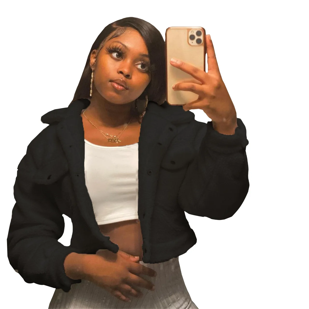 

Double-Faced Pile Solid Color Woolen Short Coat Women Winter Clothes Warm Jacket Turn-Down Collar Button Outwear