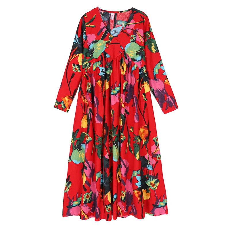 

Ethnic Style Retro Women's Clothing Autumn New Loose Large Size Slimming Long Large Swing Cotton and Linen Long Sleeve