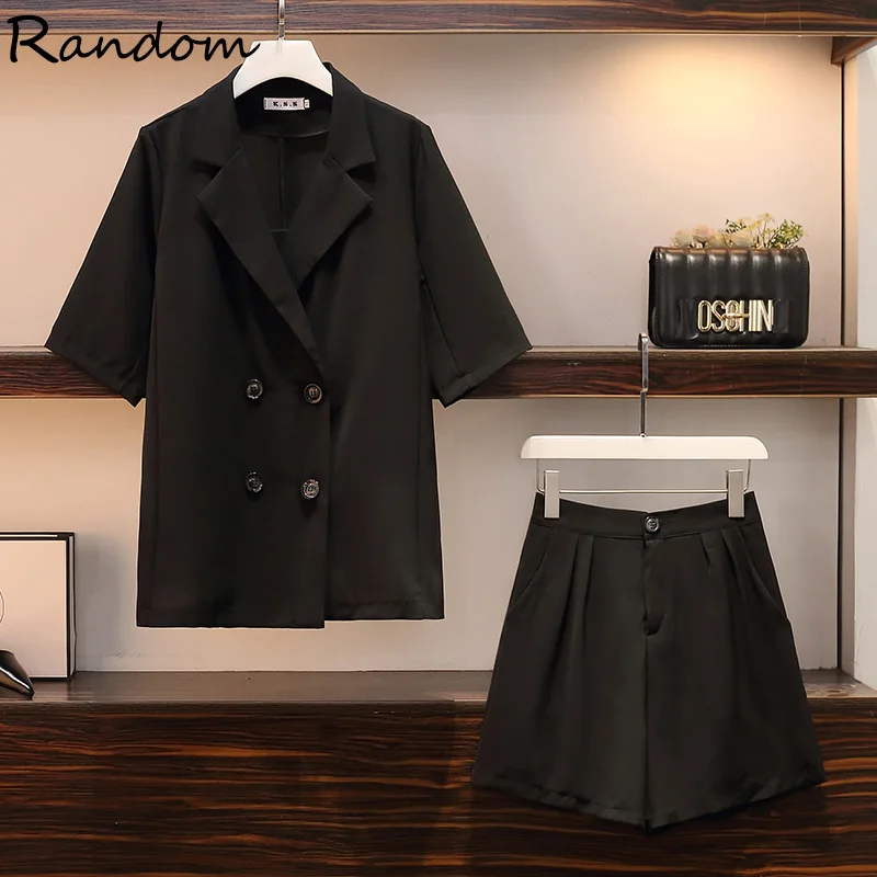 

Размера плюс для женщин блейзер 3 предмета Комплект двубортный пиджак пальто майка на бретелях в стиле Каваий футболка и короткие штаны 2021 л...