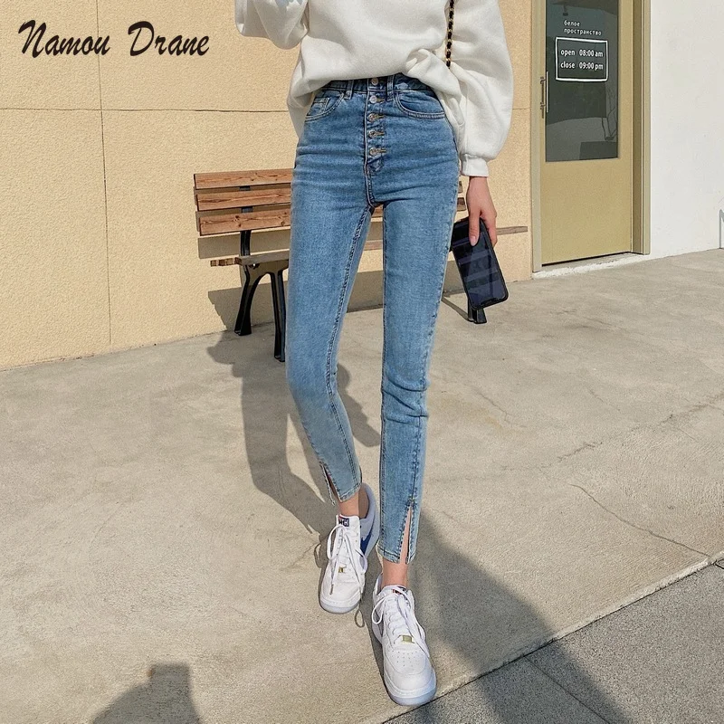 

Namou Drane High Waist Jeans Fall/winter 2021 New Fleece Trousers Korean Version of Slim Slimming Blue Feet Pants Women