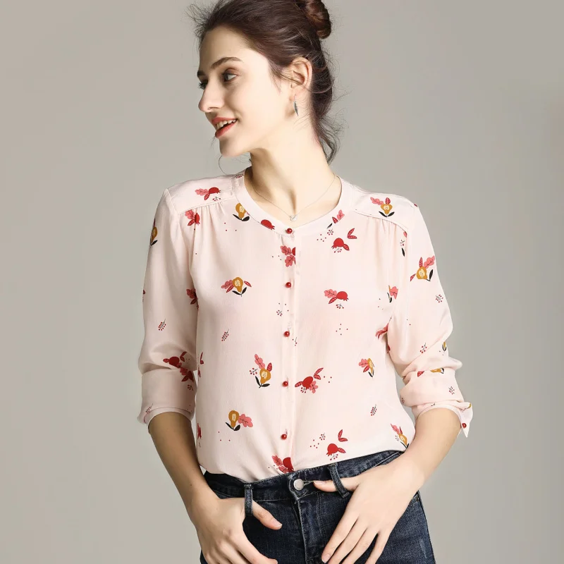 Женский топ из натурального шелка шифоновая блузка с длинным рукавом и принтом