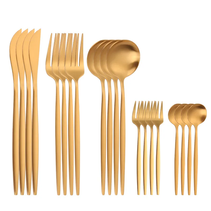 20Pcs/set Gold Cutlery Set 18/10 Stainless Steel Dinner Silverware Dinnerware Set Matte Knifes Forks Spoons Kitchen Tableware