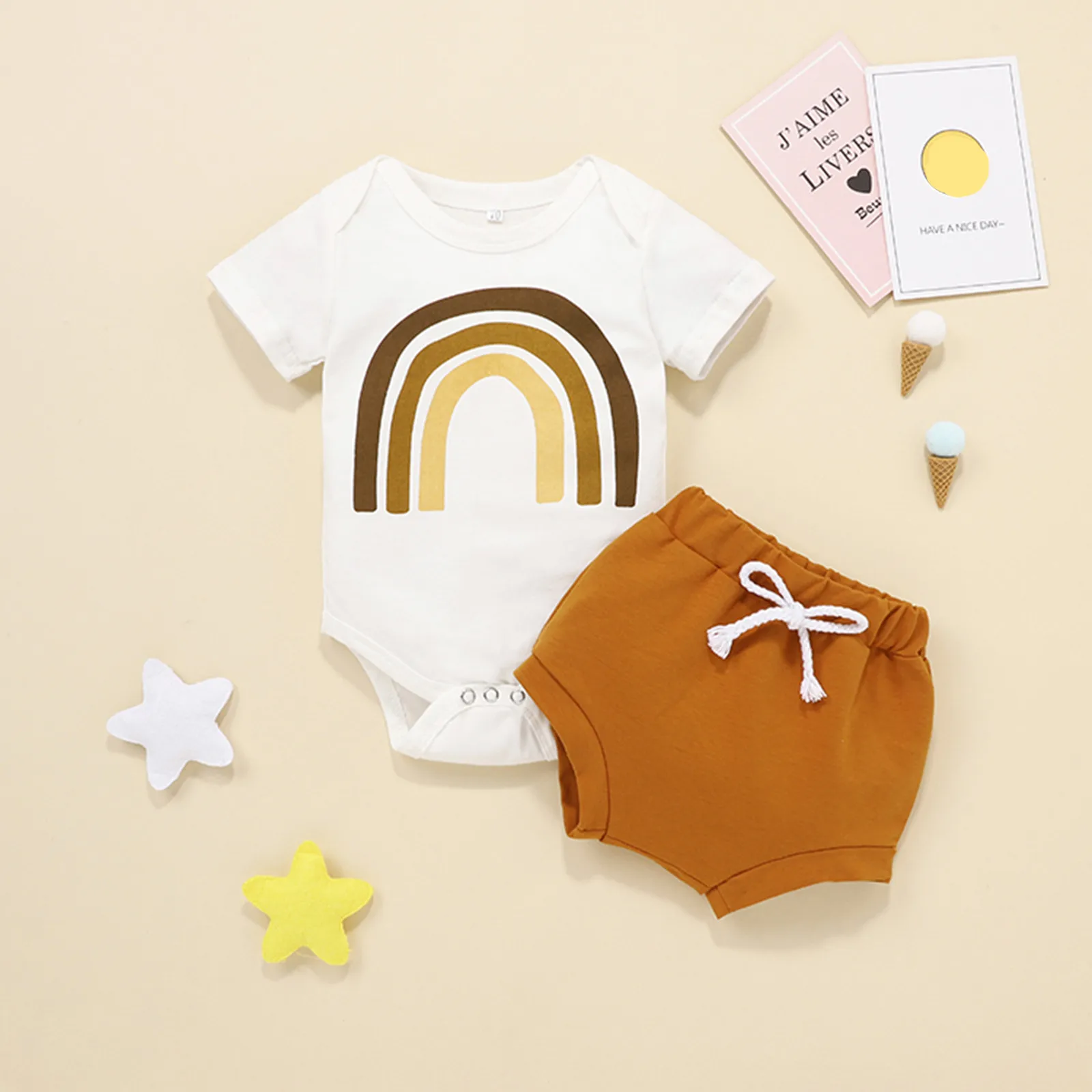 

Girl Outfits Newborn Baby Girls Clothes Summer Cotton Short Sleeve Rainbow Print Baby Romper Bodysuit+Solid Color Shorts Set