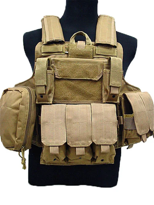 Tan Tactical Vest Armor Combat Military Airsoft Vest with Magazine Pouches Outdoor Paintball Releasable Plate Hunting Clothes Gear - Color: Tan