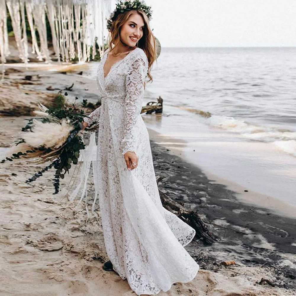 

2021Lace Boho V Neck Long Sleeves Bohemian Beach Wedding Dresses Cheap Country Bride Gowns vestidos de novia