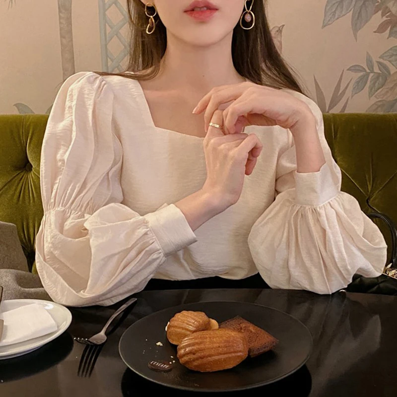 

Elegant Pleated Blouse Women Solid Square Collar Pullover Puff Sleeve Ladies Blusa Shirt Fall 2021New Fashion Casual Female Tops