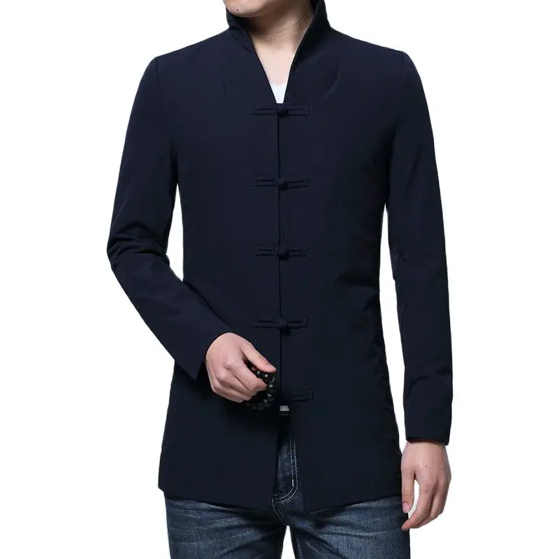 Осенняя мужская куртка в стиле ретро черная синяя китайском пальто с воротником