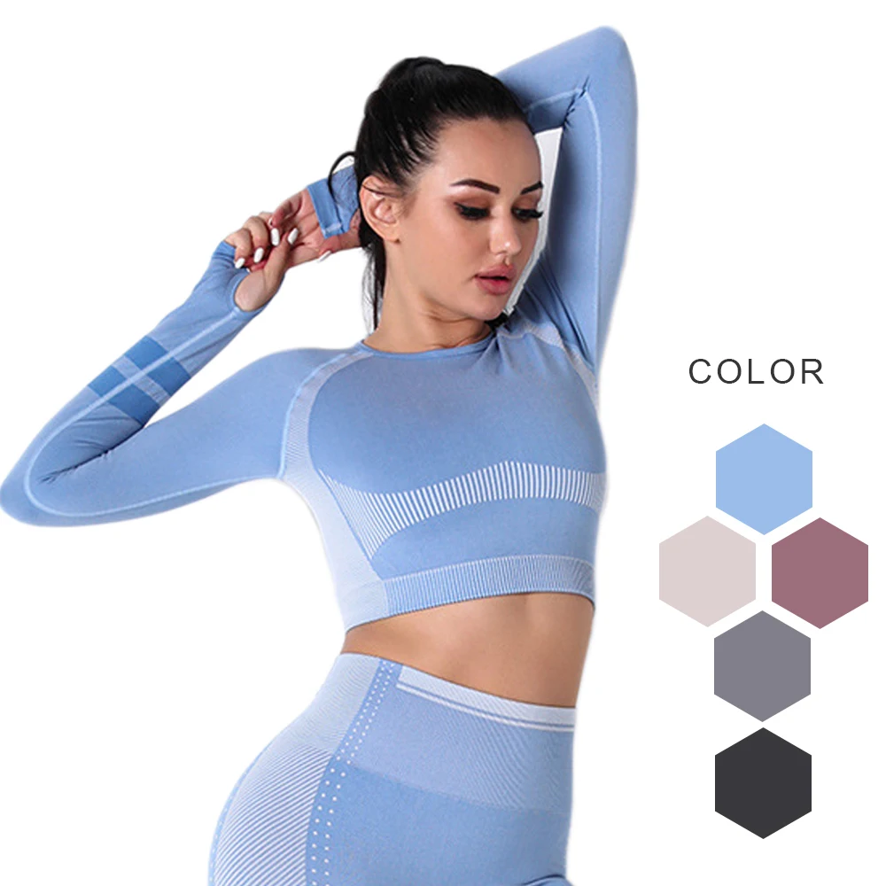 

Women Gym Clothing Workout Crop Top Long Sleeve Sportswear Fashion Jogger Fitness Running Yoga Activewear Patchwork Sports Shirt