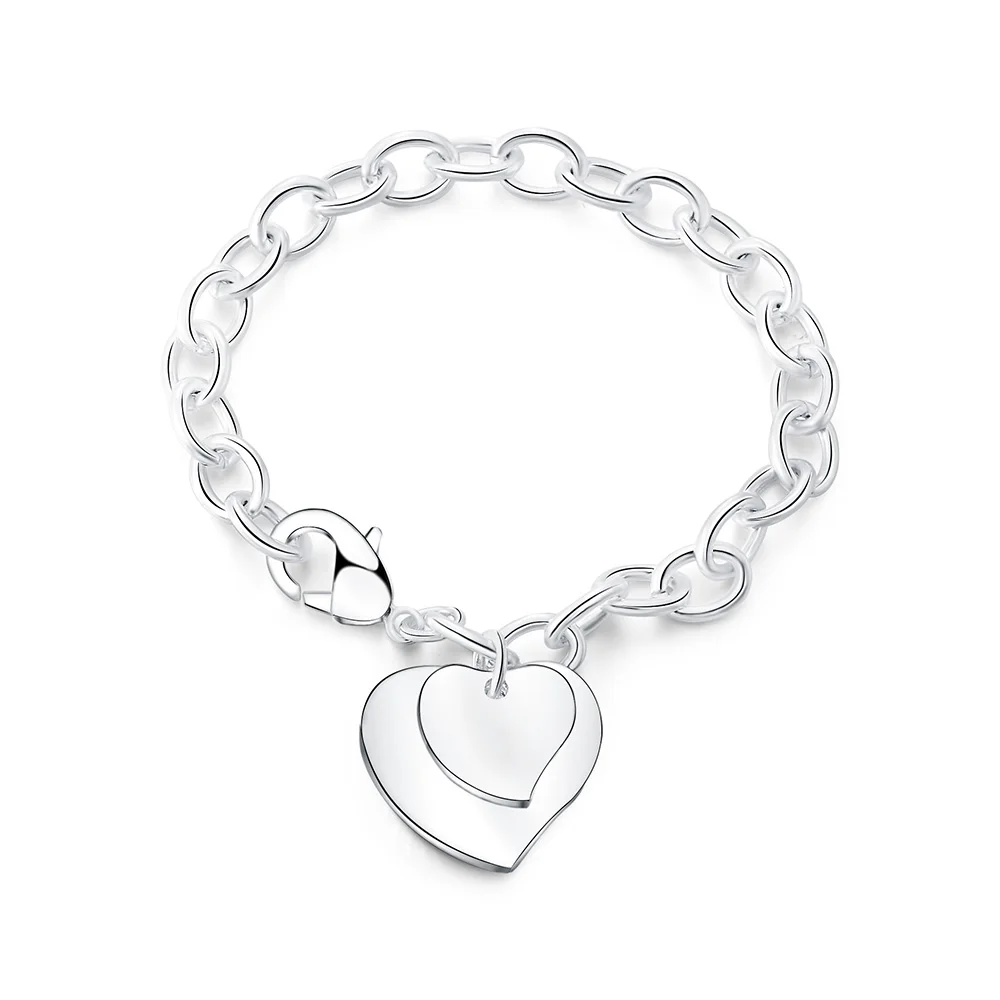 

Drop Shipping 925 Sterling Silver Jewelry Bracelet Silver 925 Jewelry Double Heart Bracelets for Women Charm Bracelets & Bangles