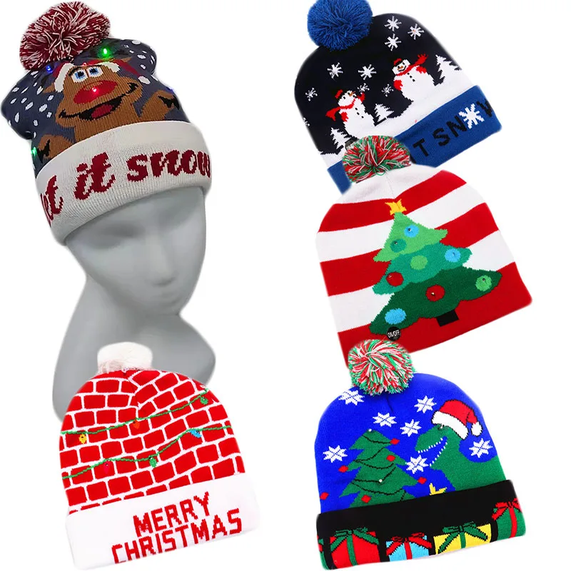 

ON SALE! 2022 New Year LED Knitted Christmas Hat Beanie Light Up Illuminate Warm Hat For Kids Adults New Year Christmas Decor