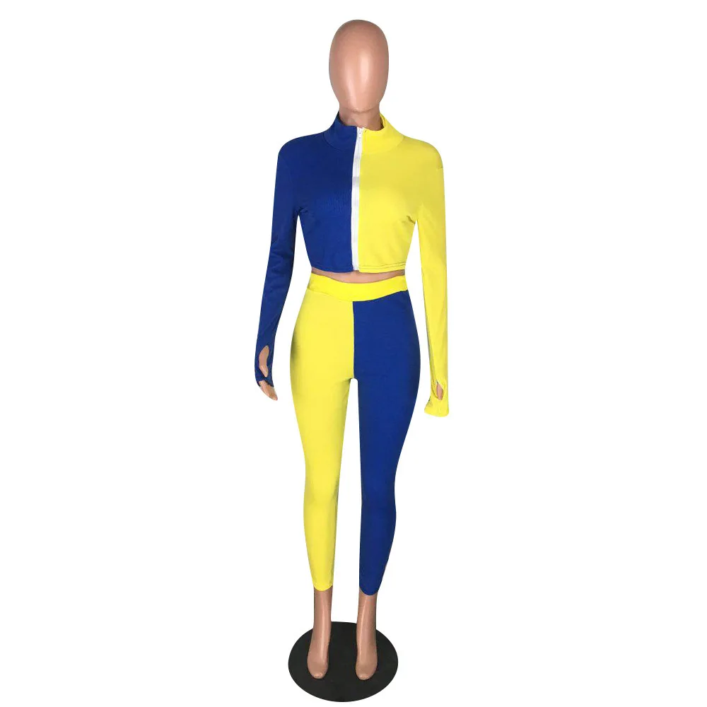 

Sexy Ribbed Fitness Two Piece Outfit Women Clothes 2021 Lucky Label Embroidery Long Sleeve Slim Top Skinny Legging Color Block