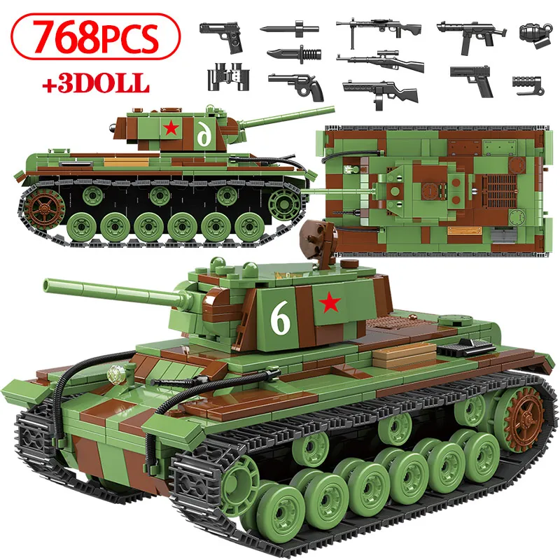 

Military WW2 KV-1 Heavy Panzer Tank 3D Model Building Blocks Kit Technic Soldier Weapon Army Mini Diamond Bricks Toys for Kids