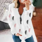 Женская блузка на молнии с принтом перьев, Повседневная Блузка с длинным рукавом и круглым вырезом, топы свободного покроя, женская одежда, 2022
