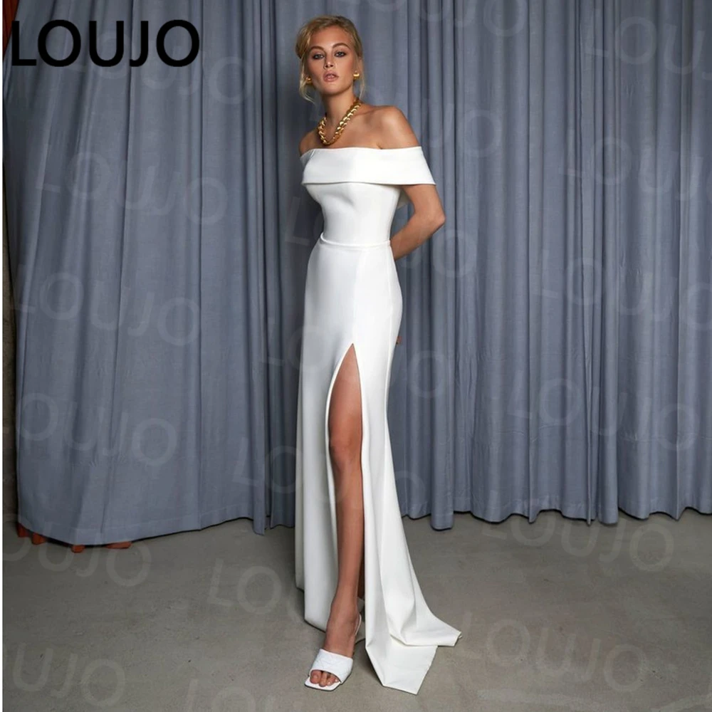 

LUOJO Ivory A-Line Satin Wedding Dress Strapless Off The Shoulder Short Sleeves Bridal Gown High Split Brides Dress