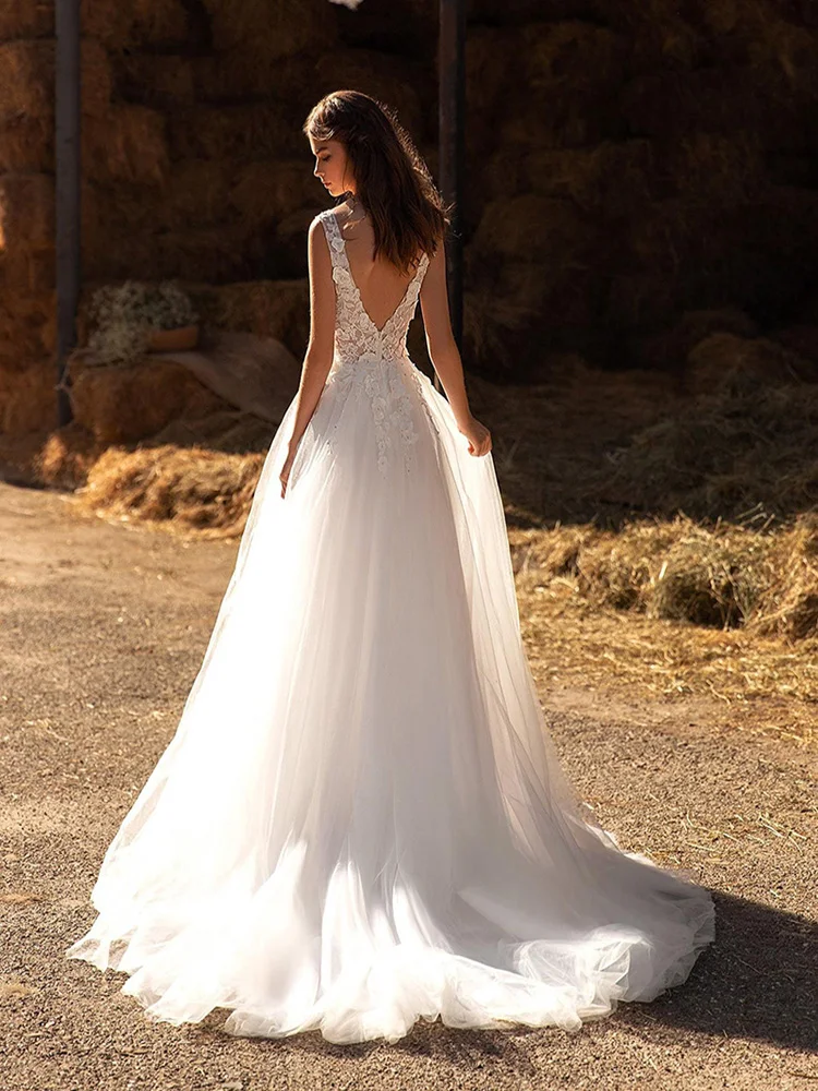 

Hi Shy Bride New simple wedding dress backless sleeveless design chiffon lace bride dresses princess dress plus size tailor-made