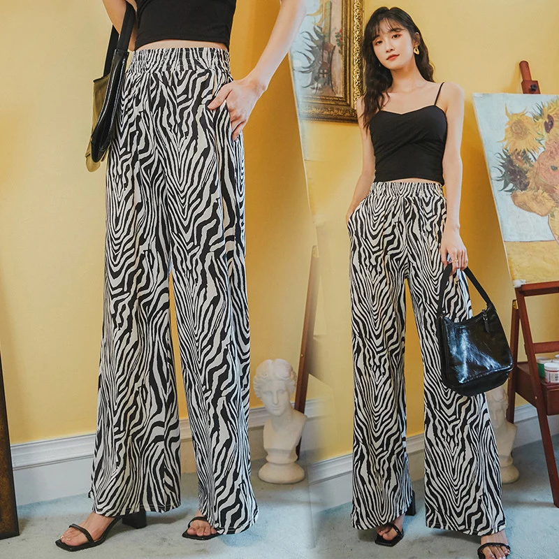 

TingYiLi Zebra Print Wide Leg Pants Women Vintage Black White Streetwear Trousers Korean Style Casual Loose Summer Pants Wide
