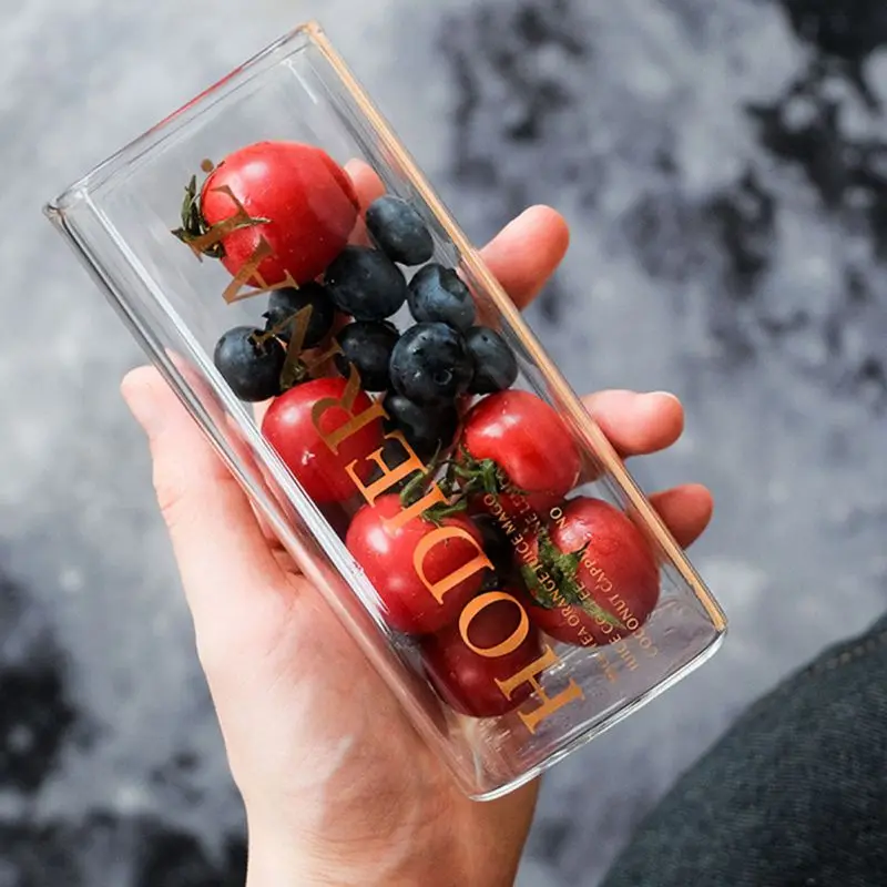 

220ml/350ml Heat Resistant Square Glass Fashion Golden Breakfast Juice Milk Coffee Cup Home Office Water Cup Drinkware Tea Mugs