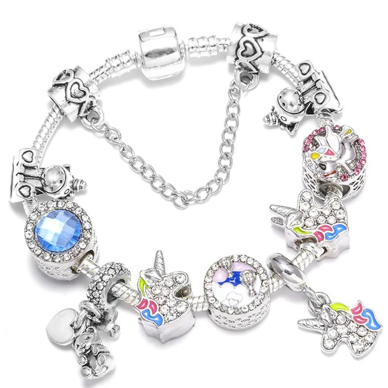 Kawaii Mickey, Круглые Эмалированные Симпатичные Бусины, европейский браслет, любовь, браслеты с изображением единорога, безопасная цепочка, браслеты для женщин, девочек, детей, ювелирные изделия